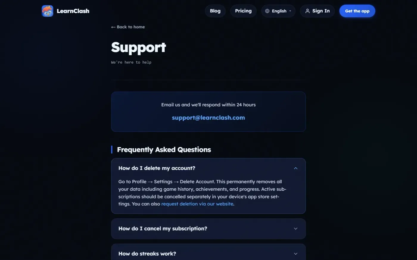 Learnclash — Support page