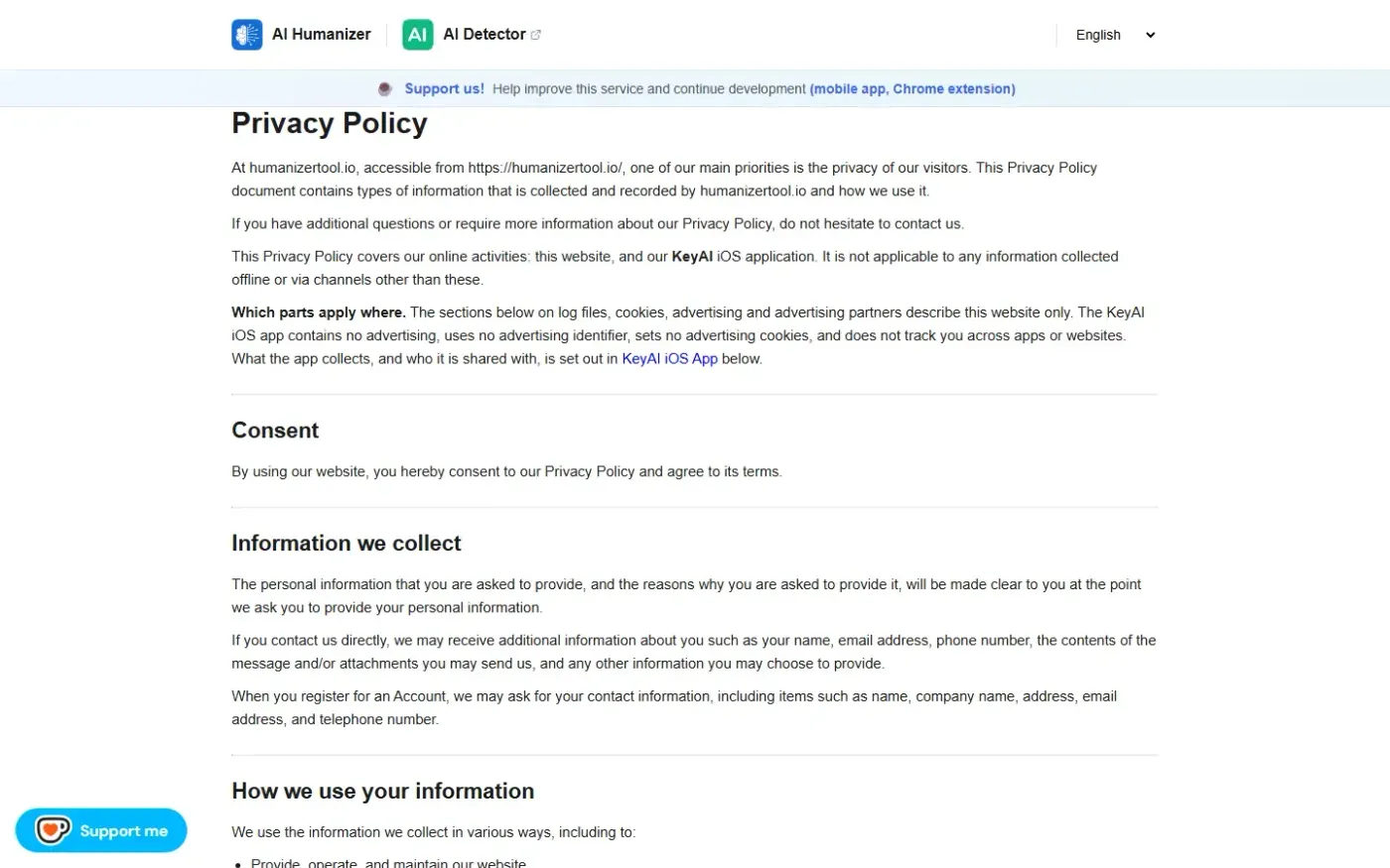 Humanizertool — Privacy page