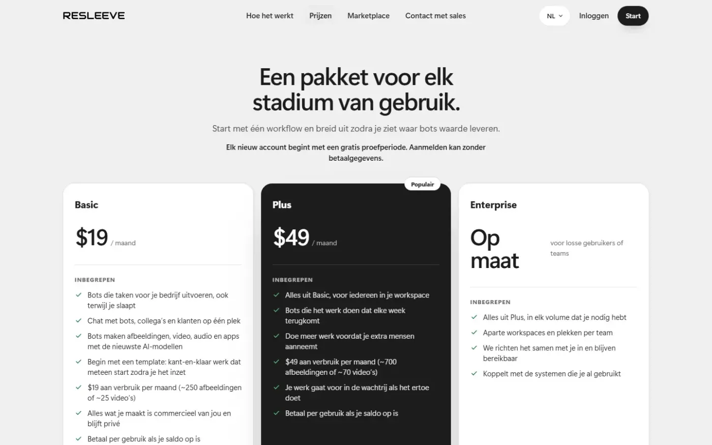 Resleeve — Pricing page