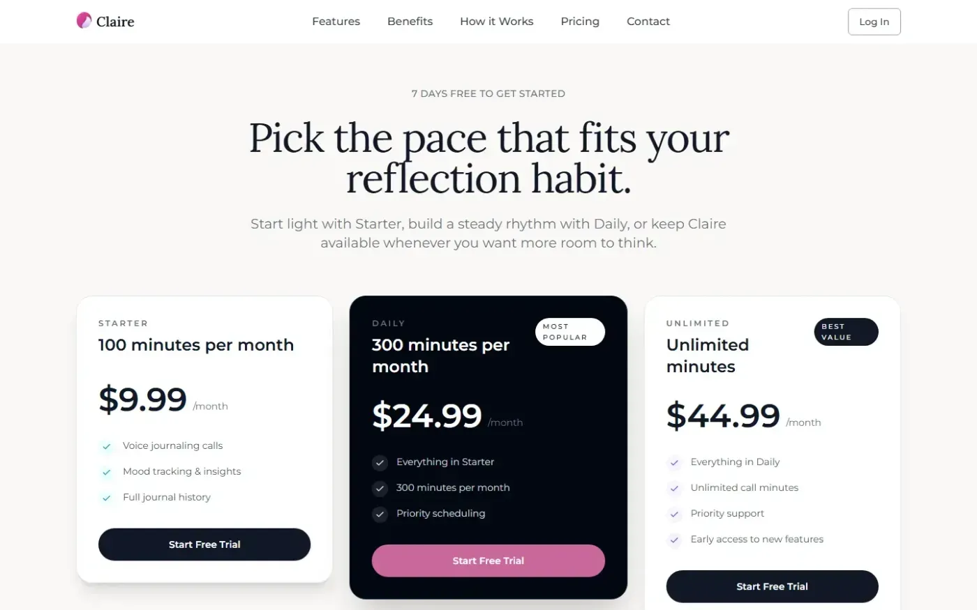 Clairecalls — Pricing page