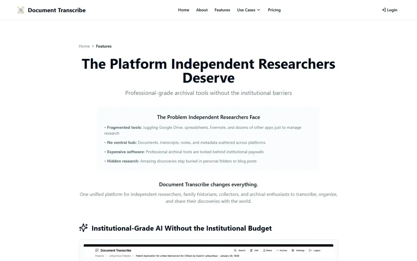 Documenttranscribe — Features page