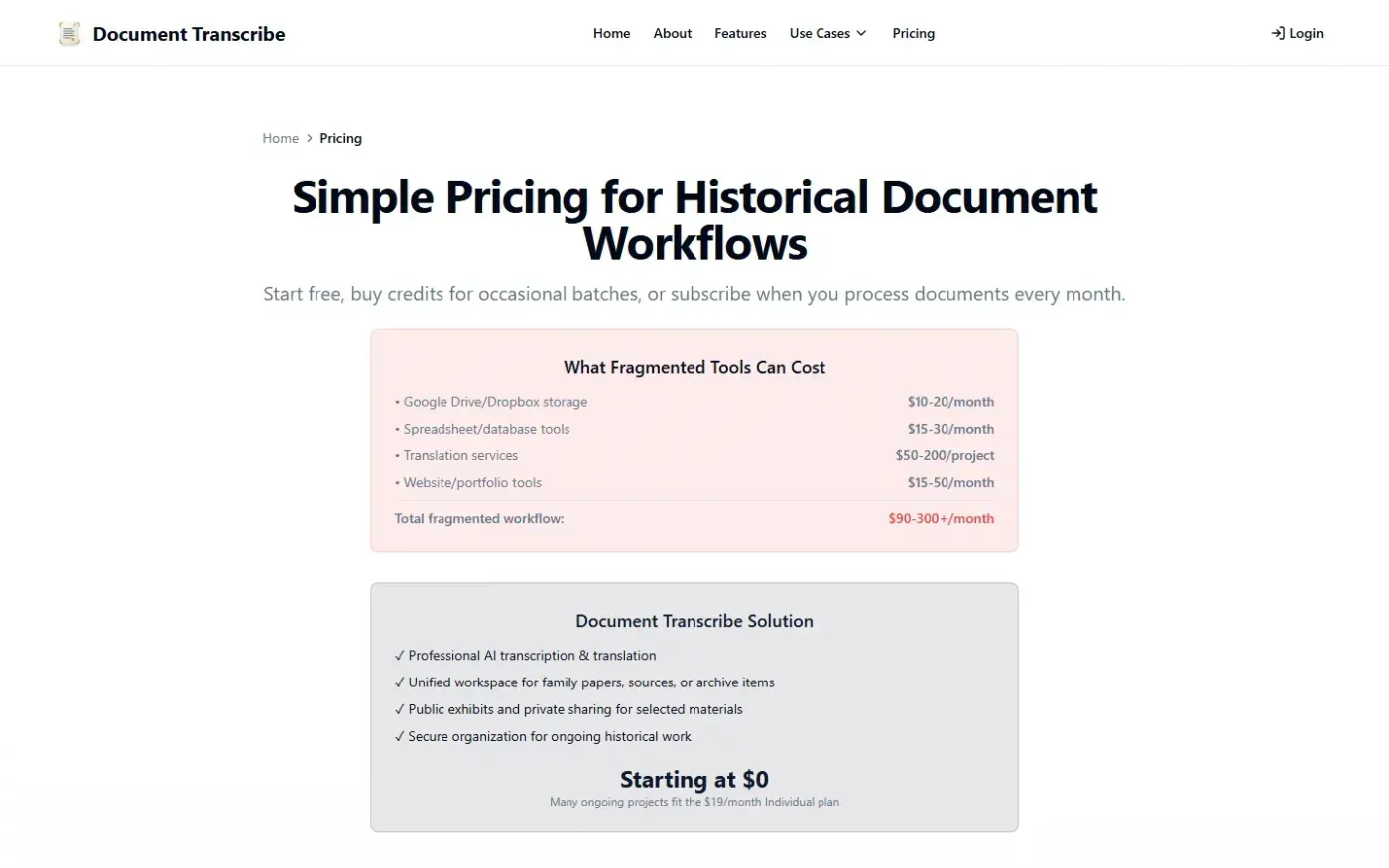 Documenttranscribe — Pricing page