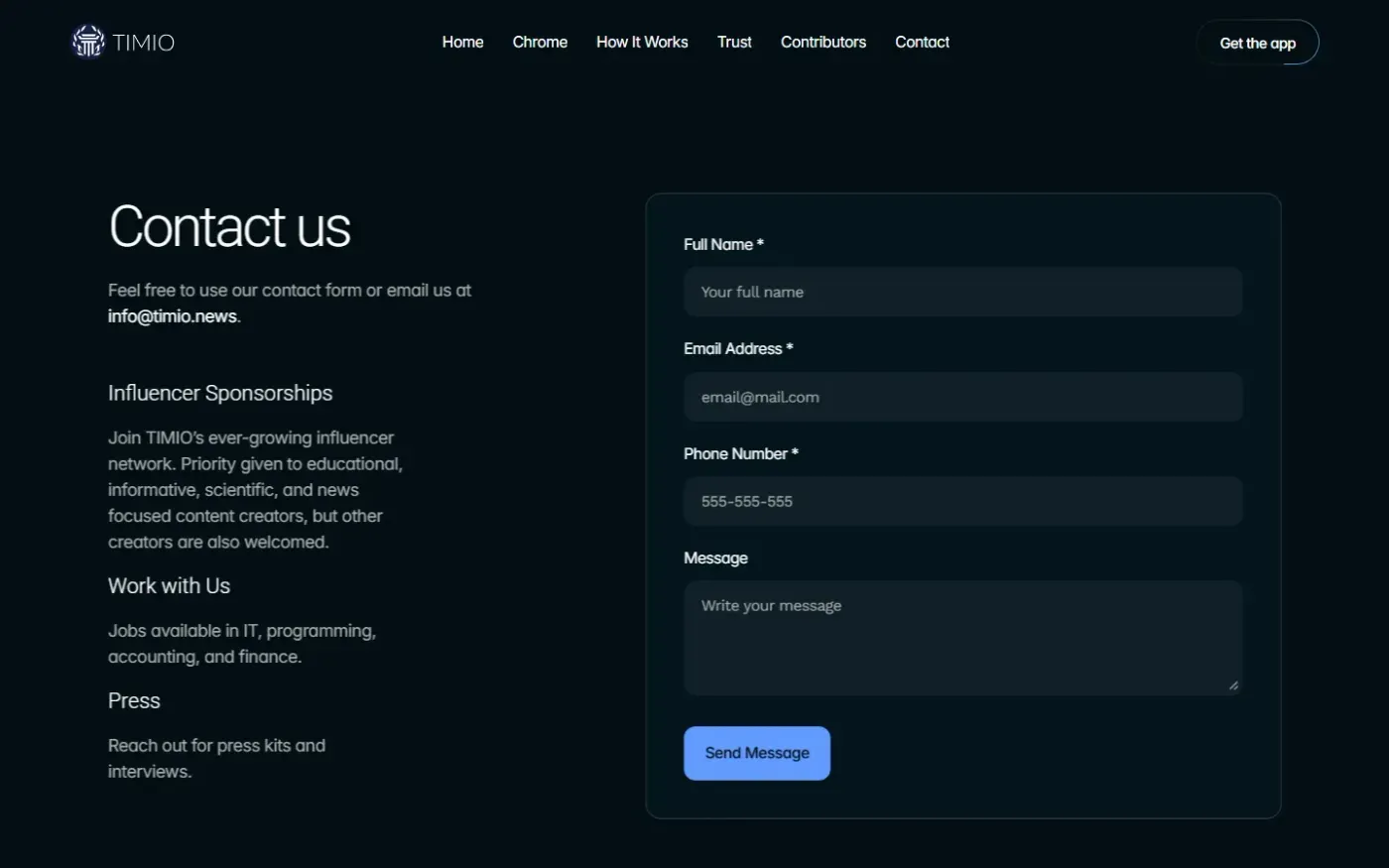 Timio — Contact page