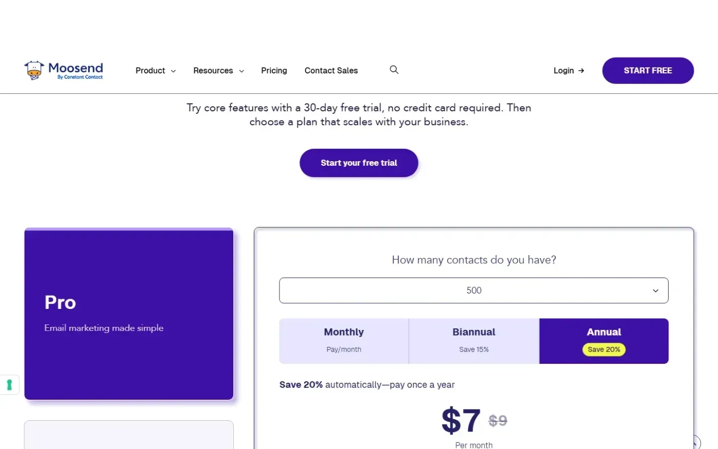 Moosend — Pricing page