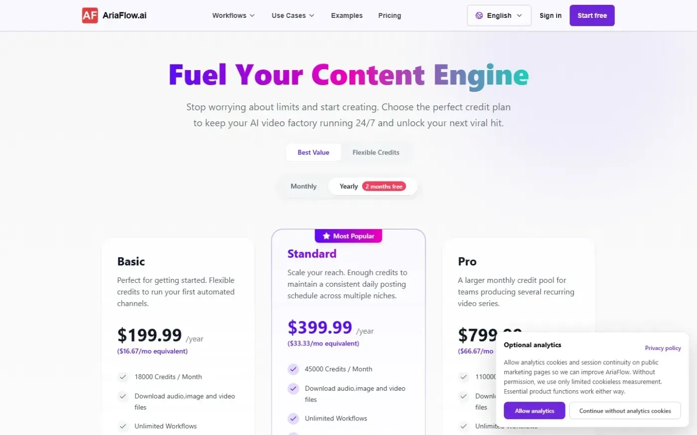 Ariaflow — Pricing page
