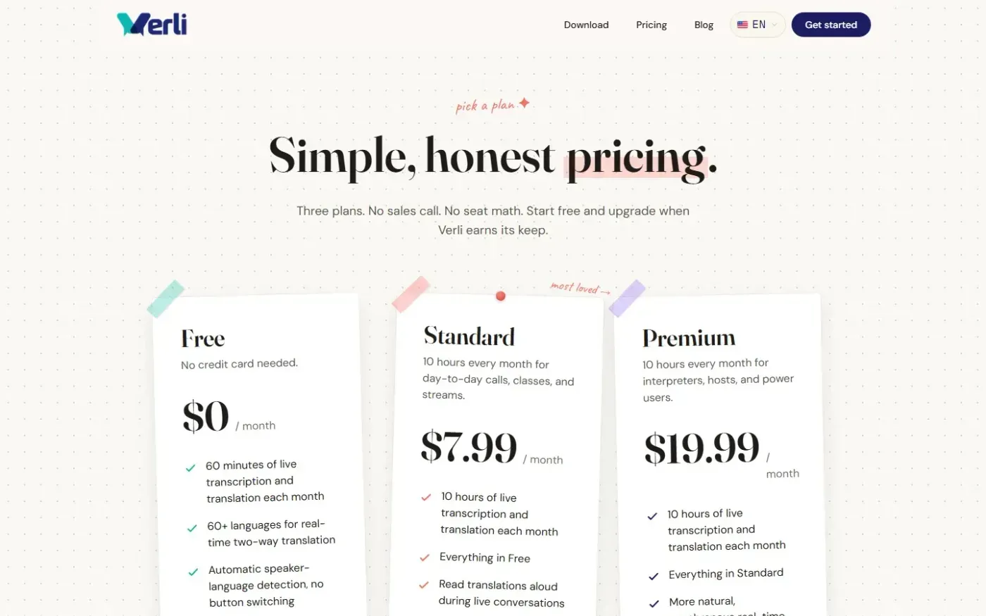 Verli — Pricing page