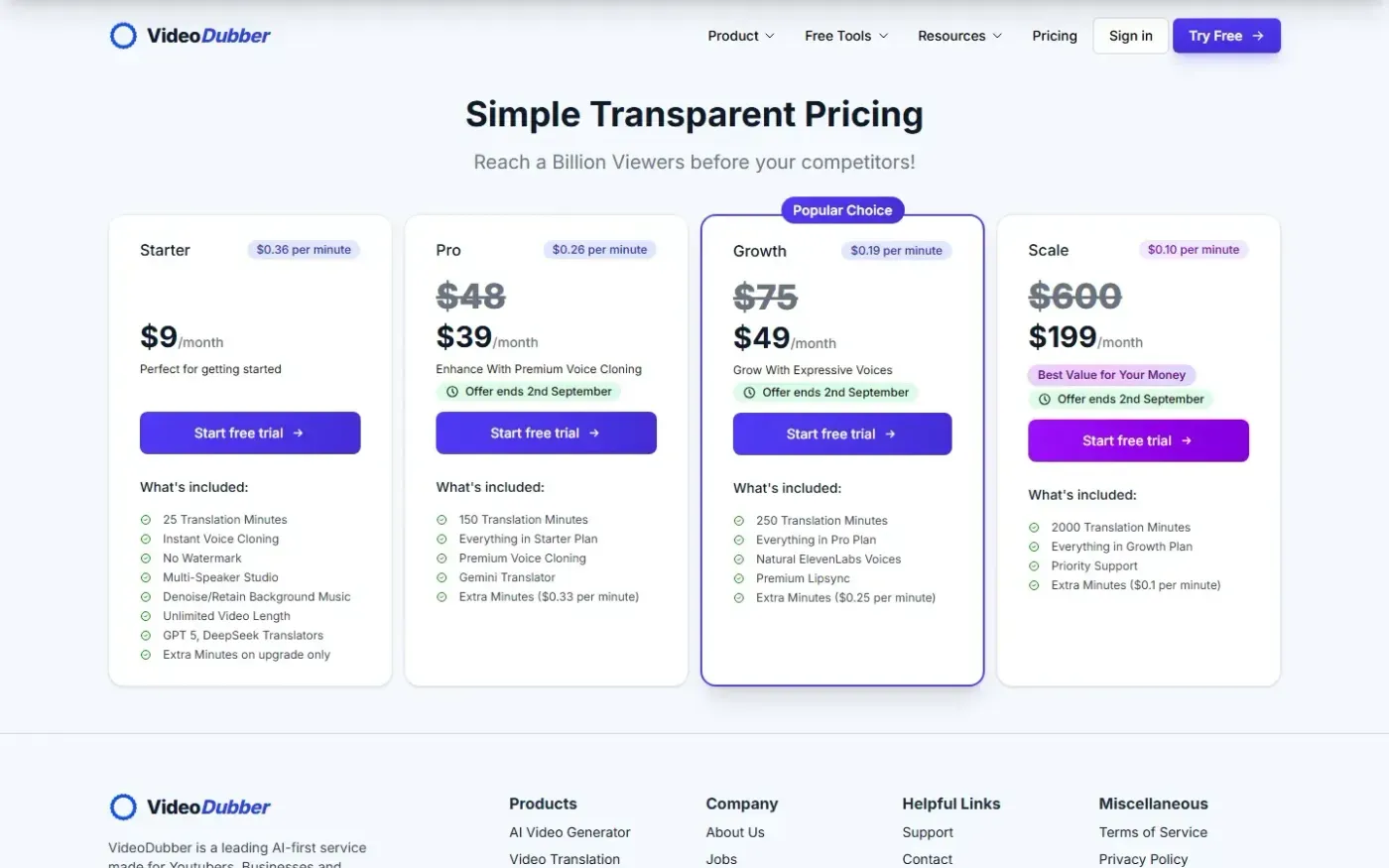 Videodubber — Pricing page