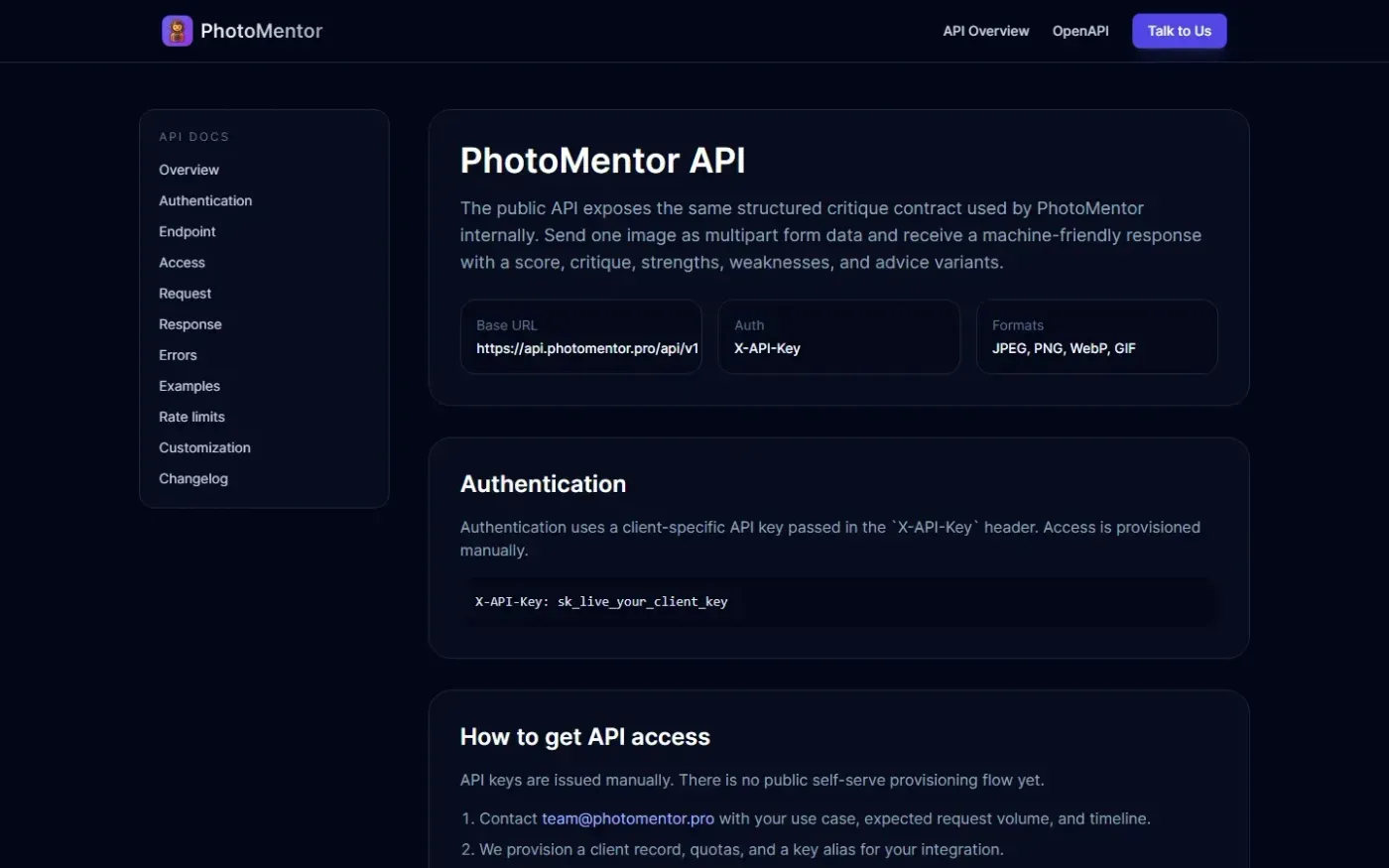 Photomentor — Docs page