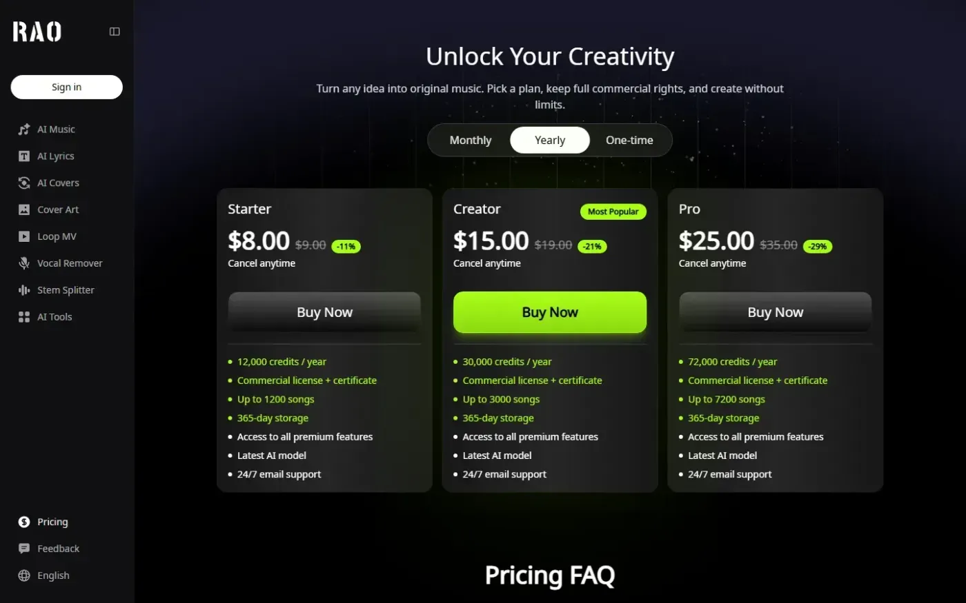 Raomusic — Pricing page