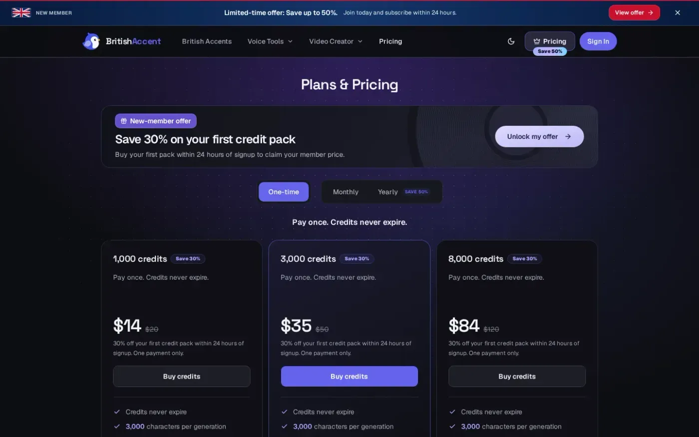Britishaccent — Pricing page