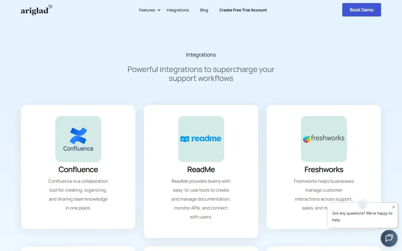 Ariglad — Integrations page