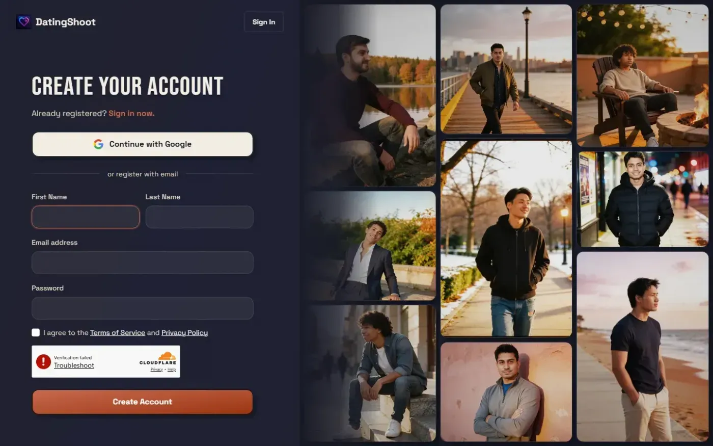 Datingshoot — Register page