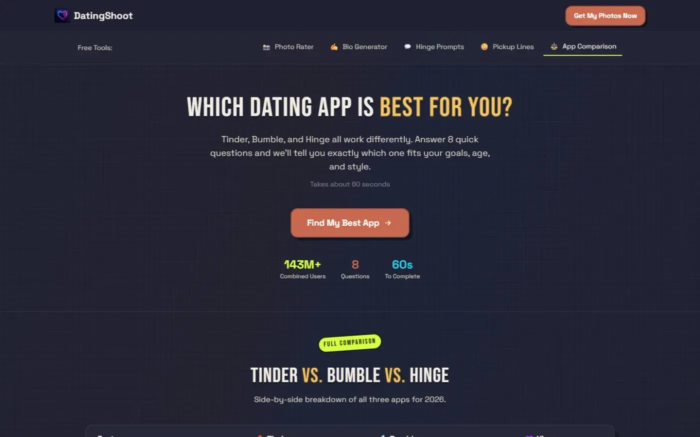 Datingshoot — Tinder vs bumble vs hinge page