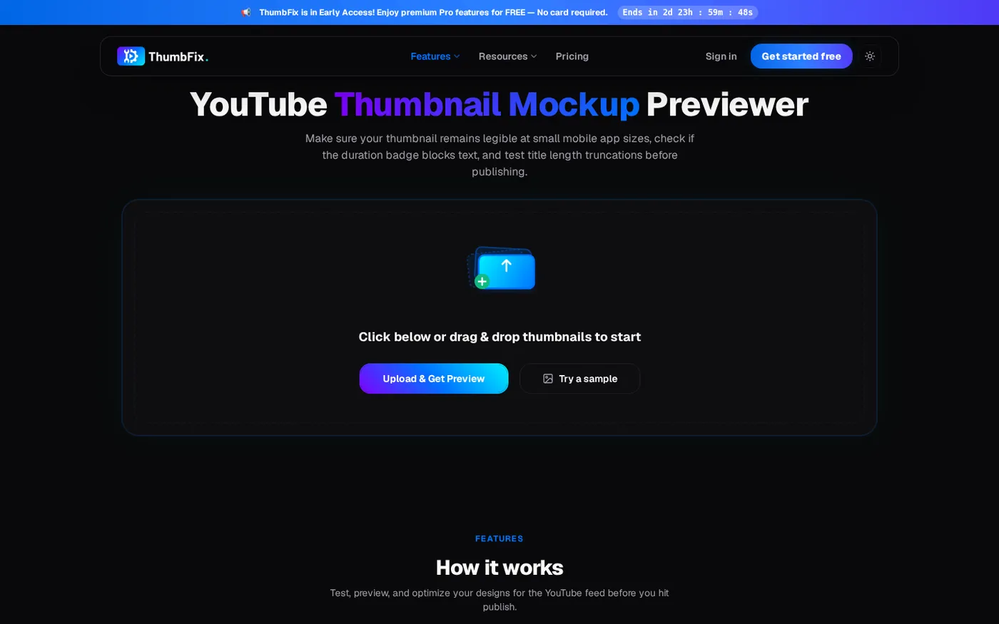 ThumbFix (Beta) — Know your thumbnail's CTR before you publish — Mockup previewer page