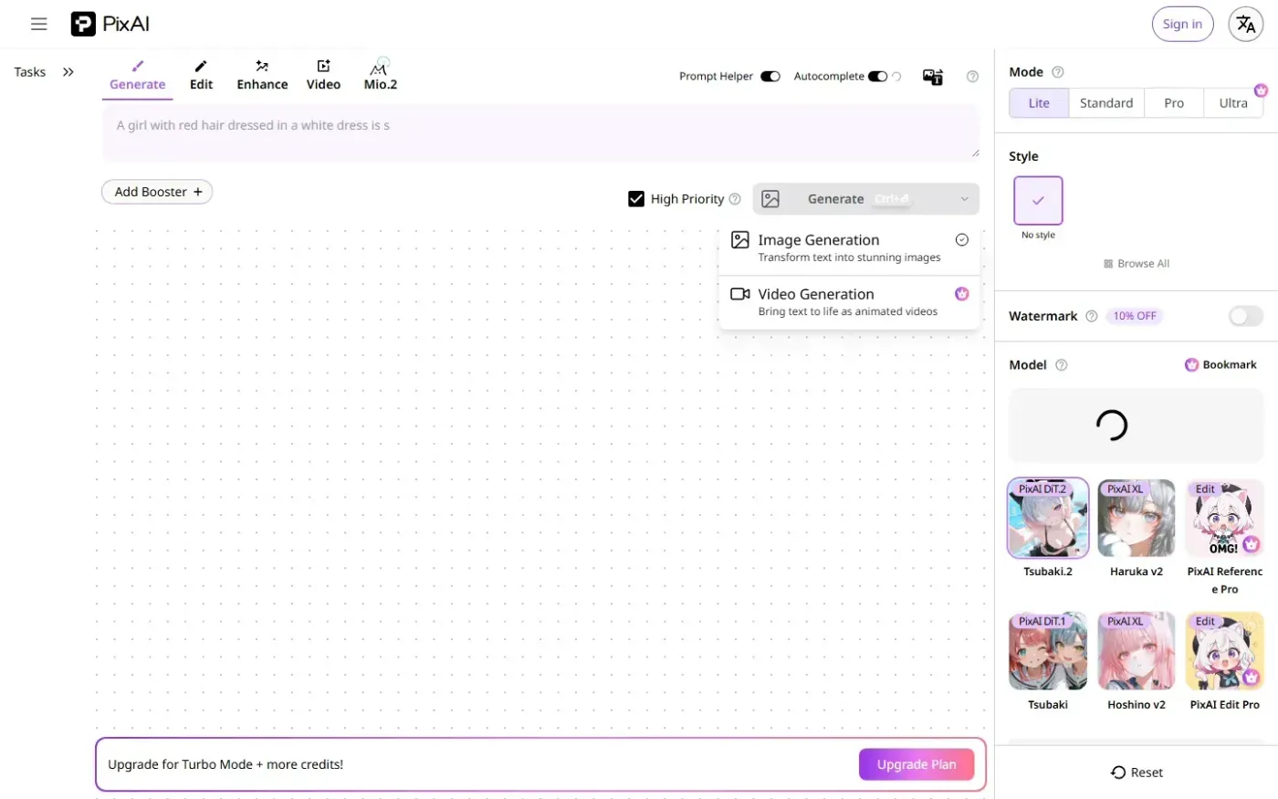 Pixai — Generator page