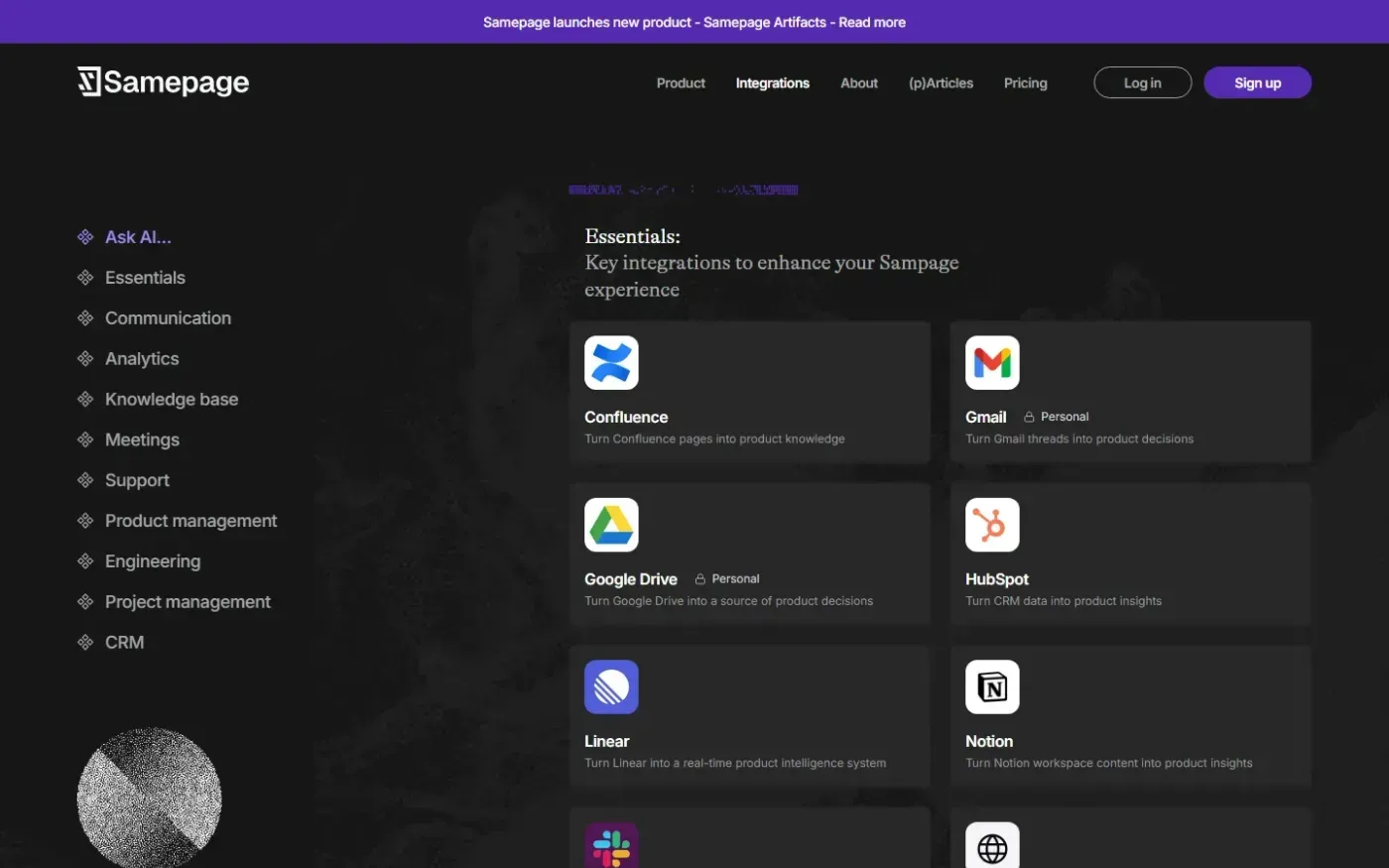 Samepage Artifacts — A context-aware, connected writing surface for product teams — Integrations page