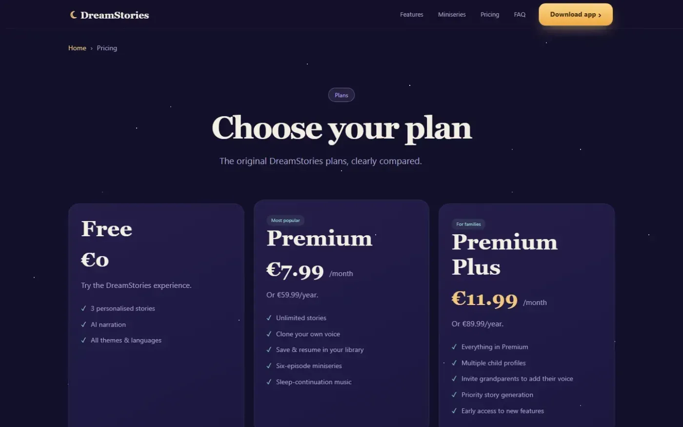 Dreamstories — Pricing page