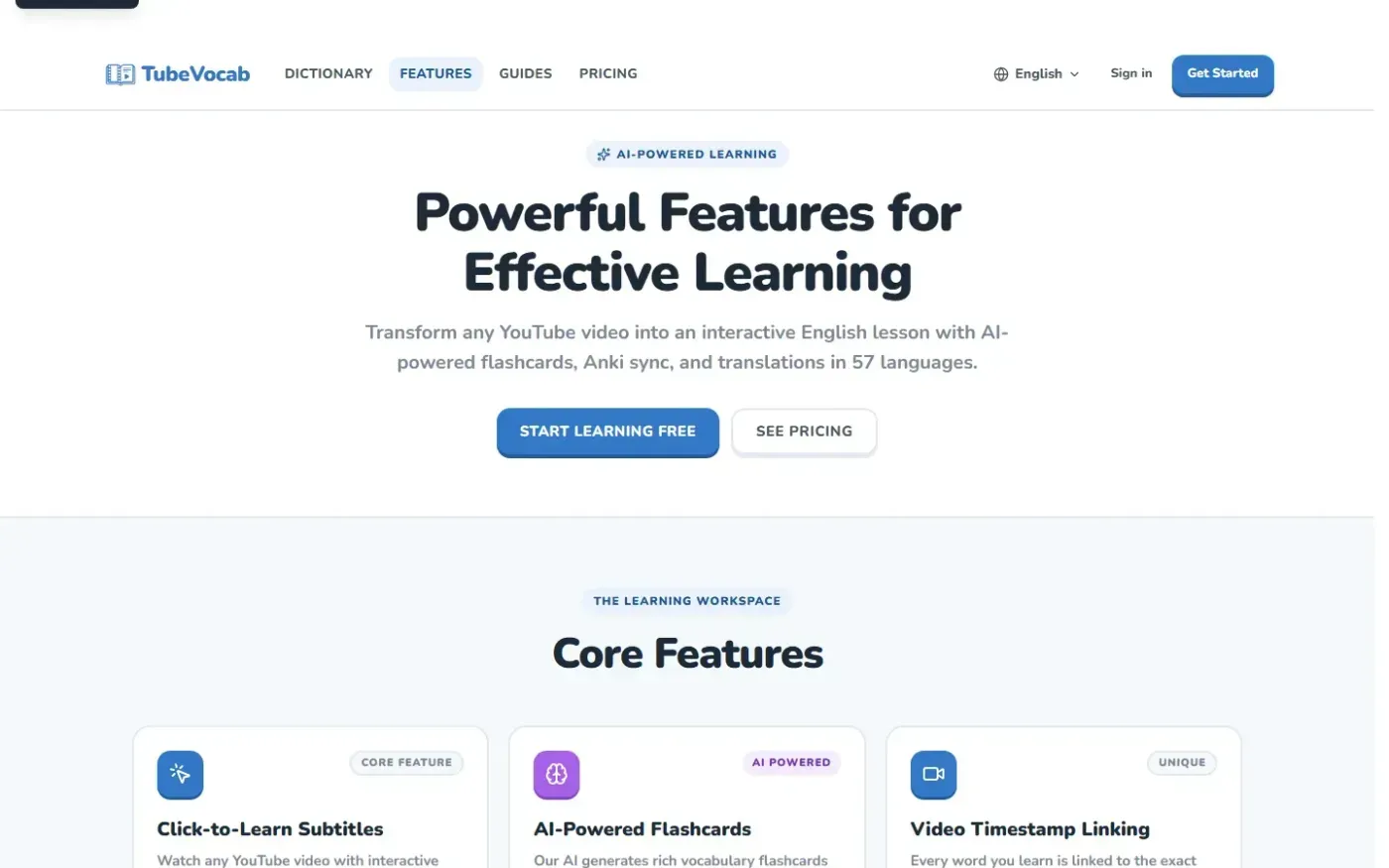 Tubevocab — Features page
