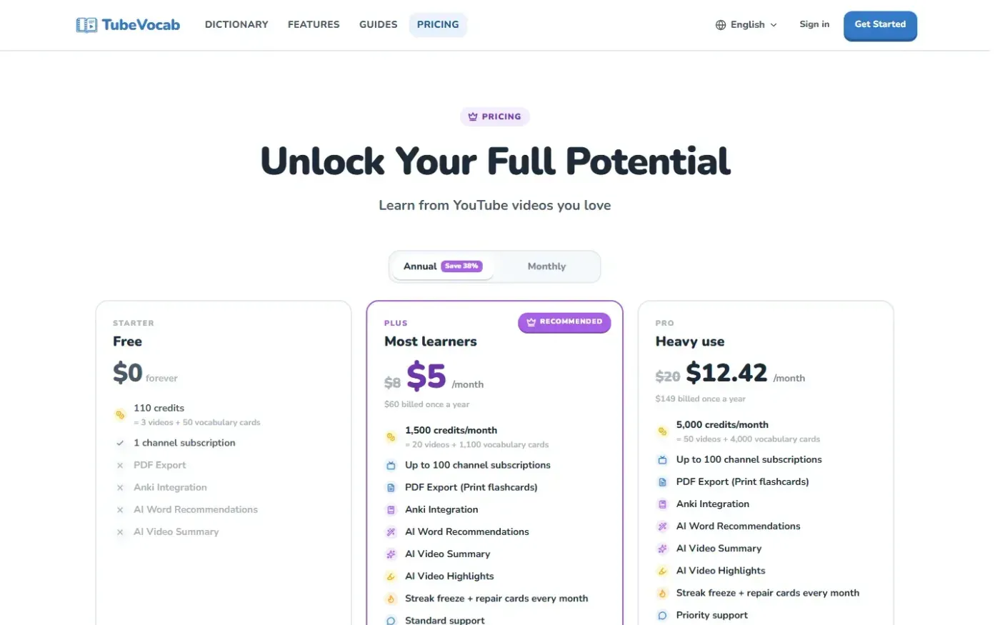 Tubevocab — Pricing page