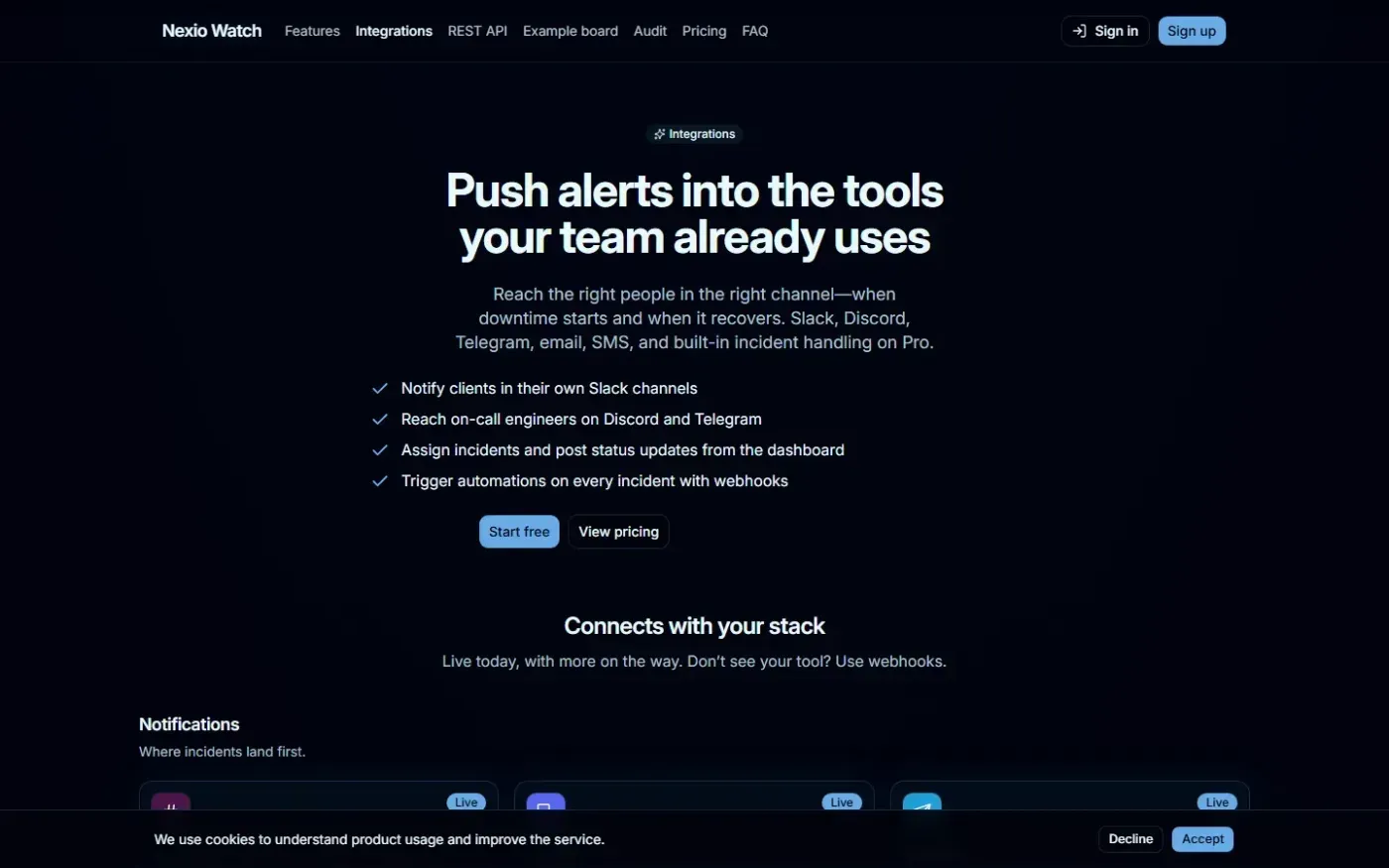Nexiowatch — Integrations page