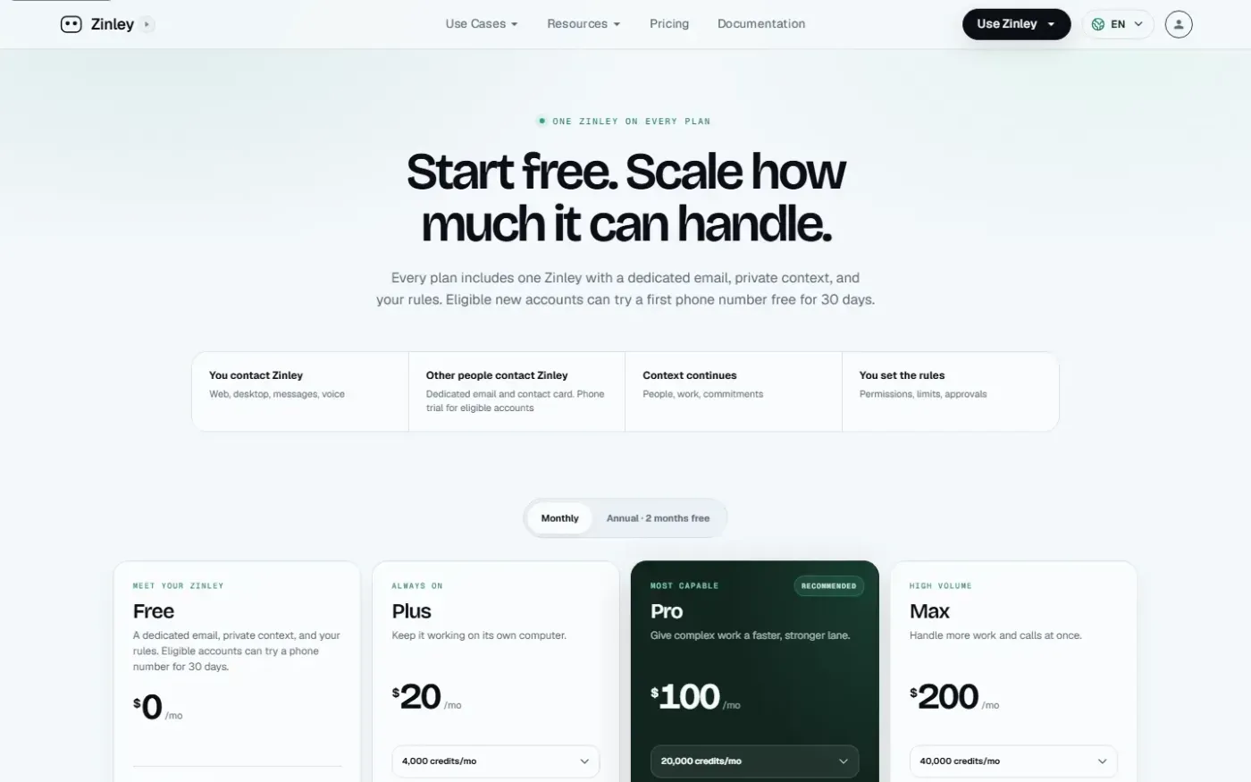 Zinley — Your Personal AI Representative for calls, email, and tasks — Pricing page