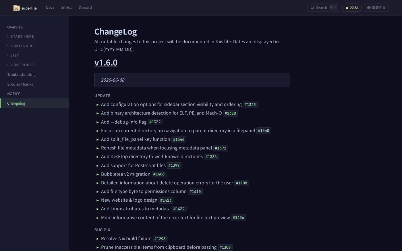 superfile — A modern, visual file manager for the terminal — Changelog page