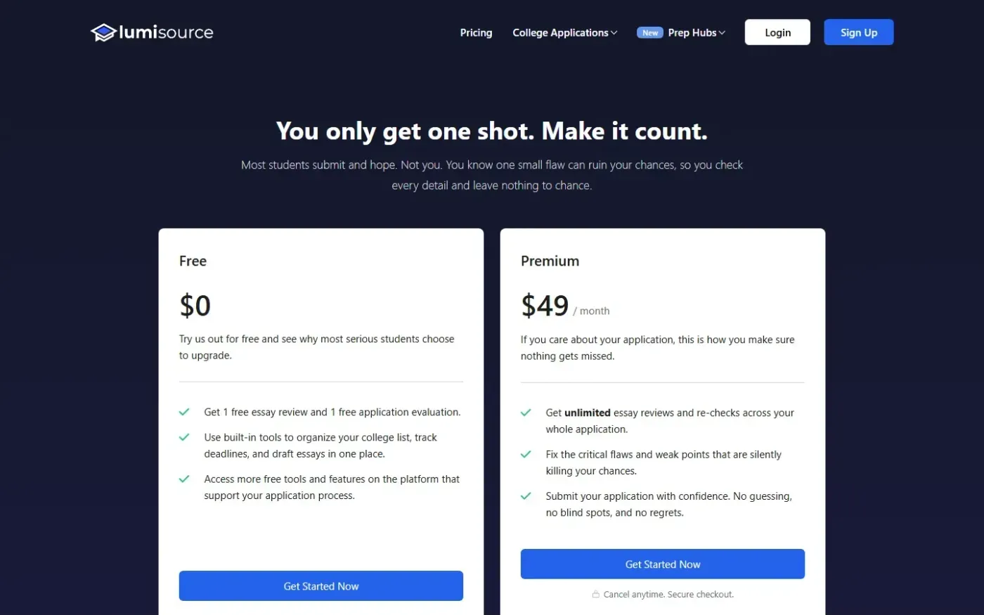 LumiSource — Your edge for getting into your dream college. — Pricing page