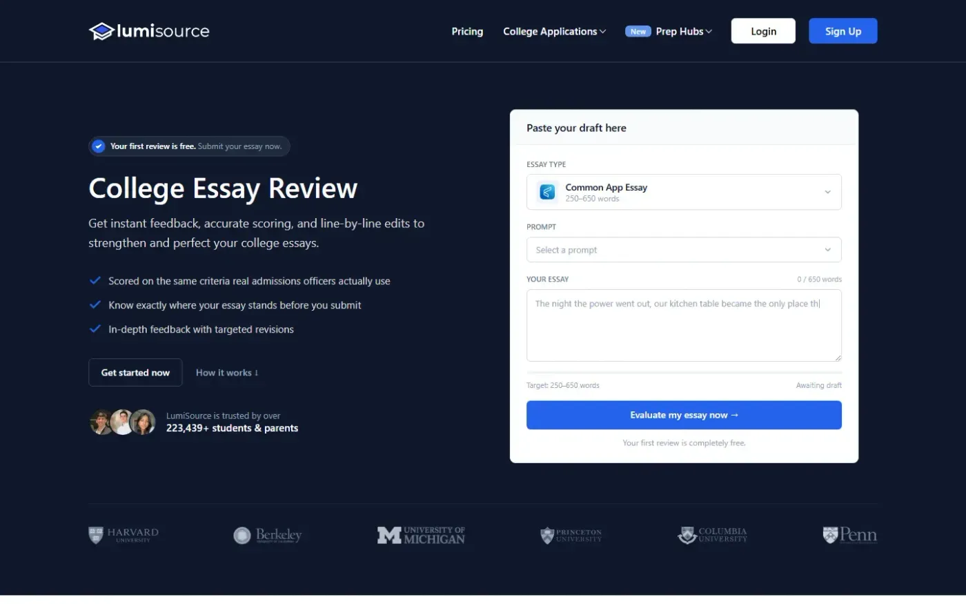 LumiSource — Your edge for getting into your dream college. — College essay review page