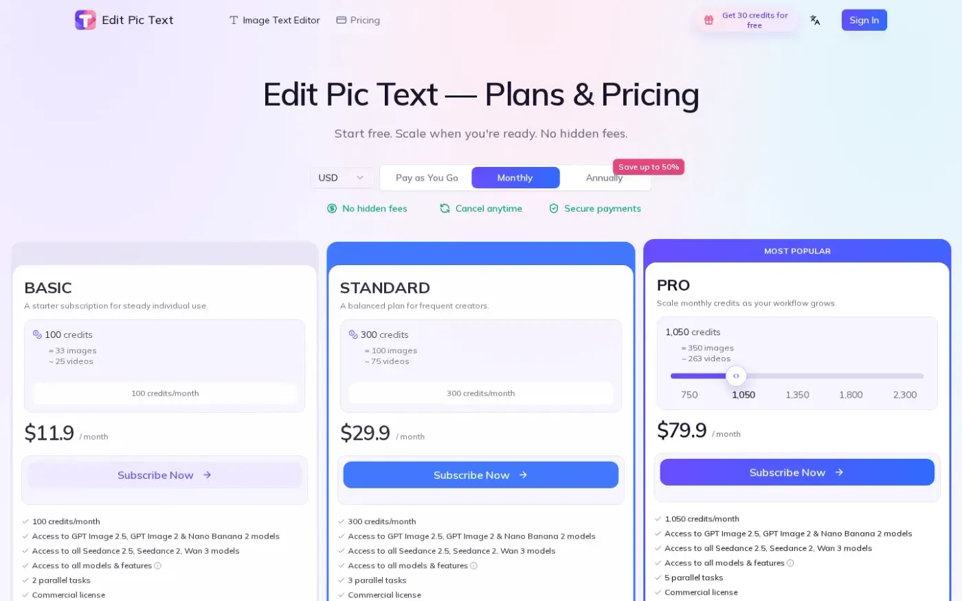 Editpictext — Pricing page