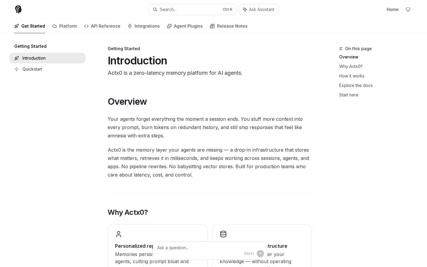 Actx0 — Memory infrastructure for AI agents. — Home page