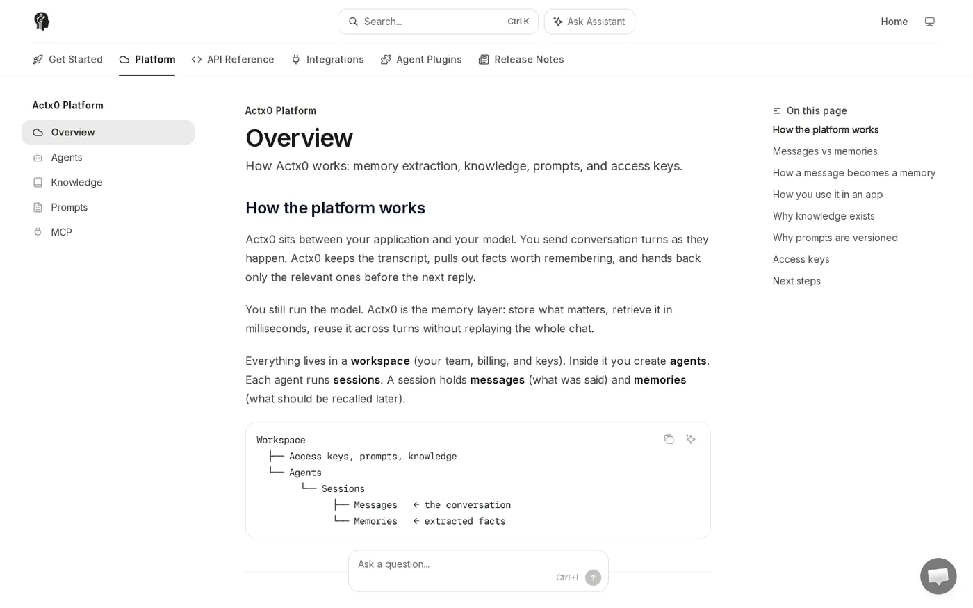 Actx0 — Memory infrastructure for AI agents. — Platform page