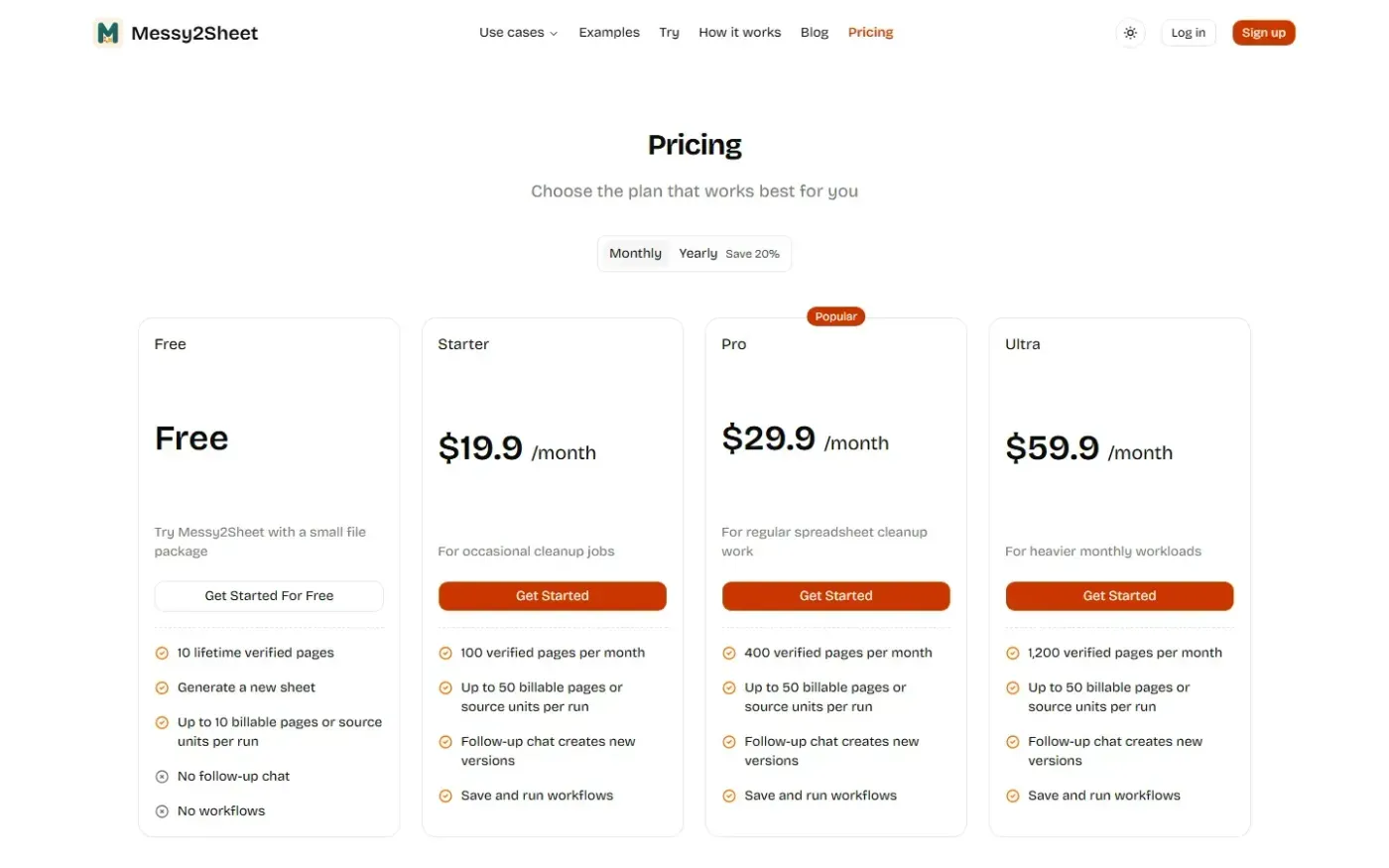 Messy2sheet — Pricing page
