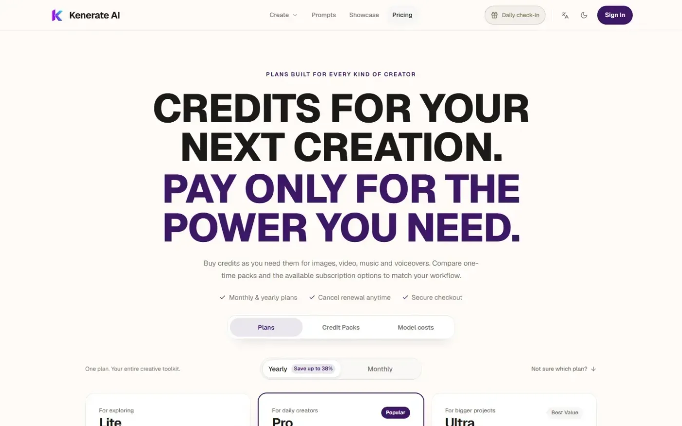 Kenerateai — Pricing page