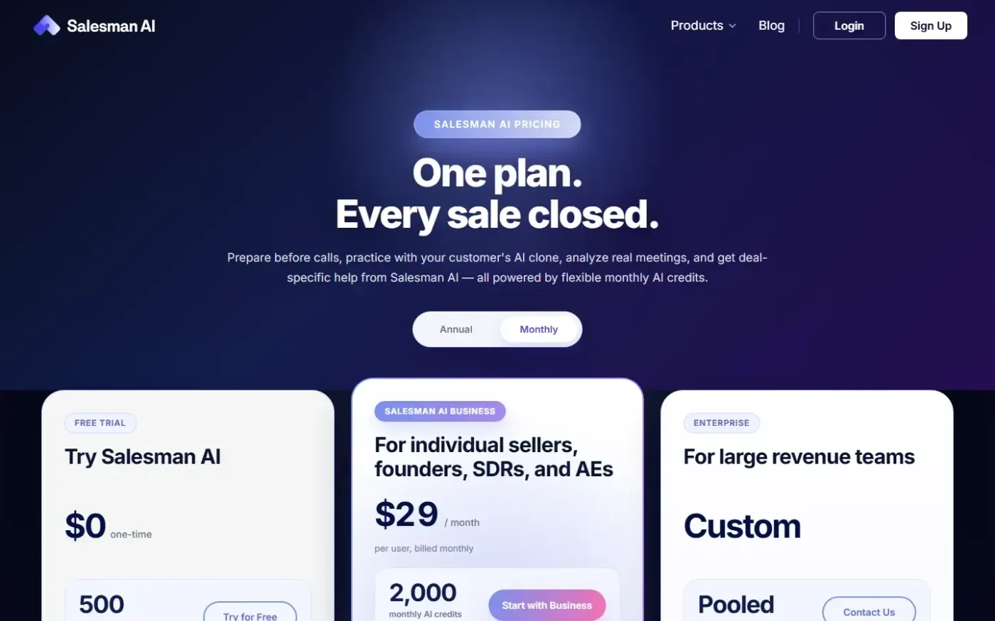 Salesman AI — The AI sales agent that turns meetings into revenue — Pricing page