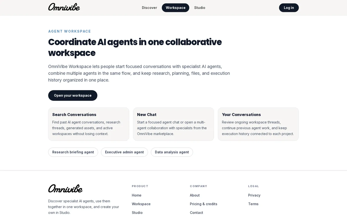 OmniVibe — Marketplace for agent creators & users — Workspace page