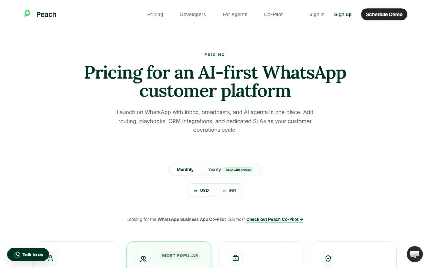 Peach Co-Pilot — WhatsApp Sidekick for busy professionals — Pricing page