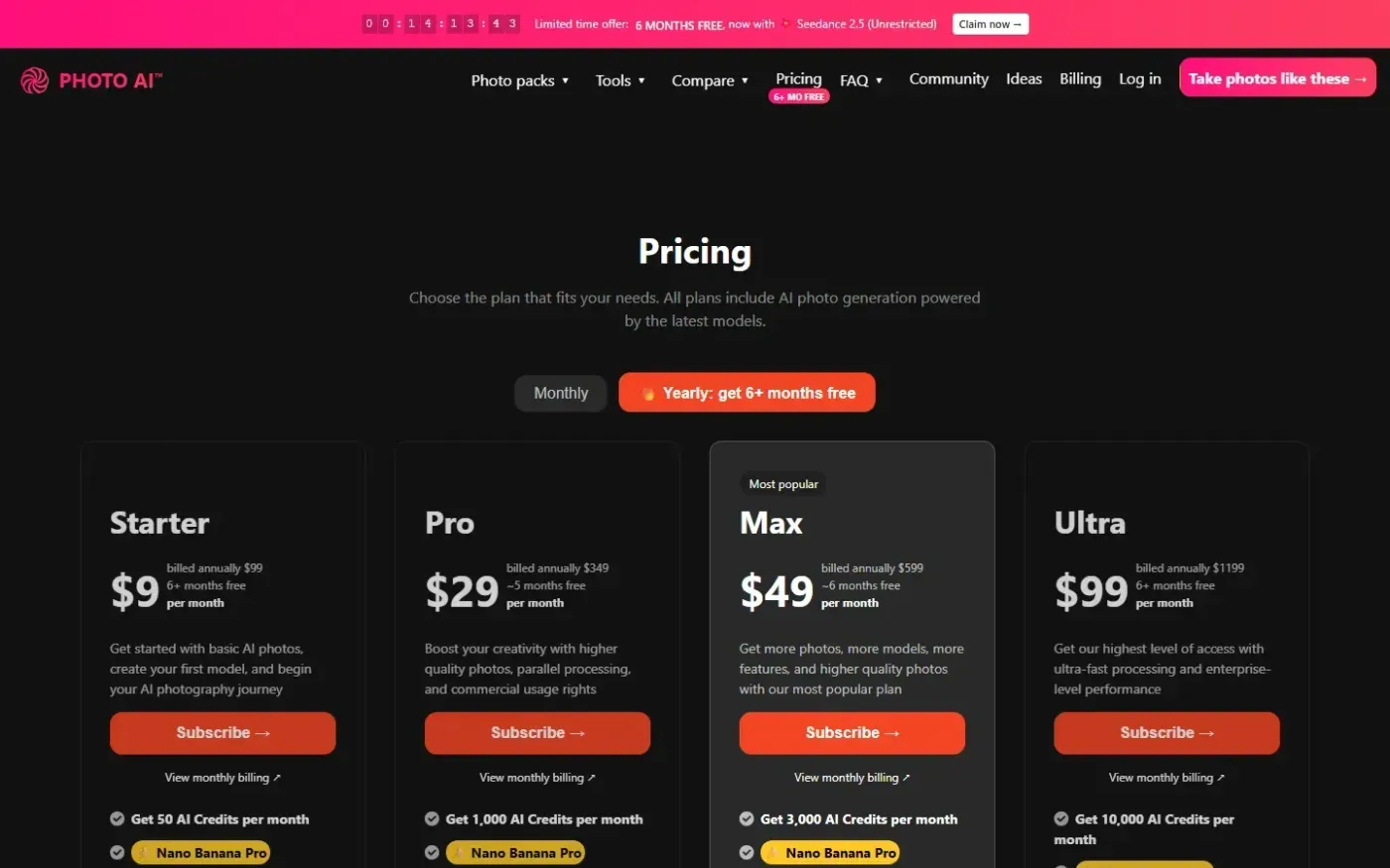 Photoai — Pricing page