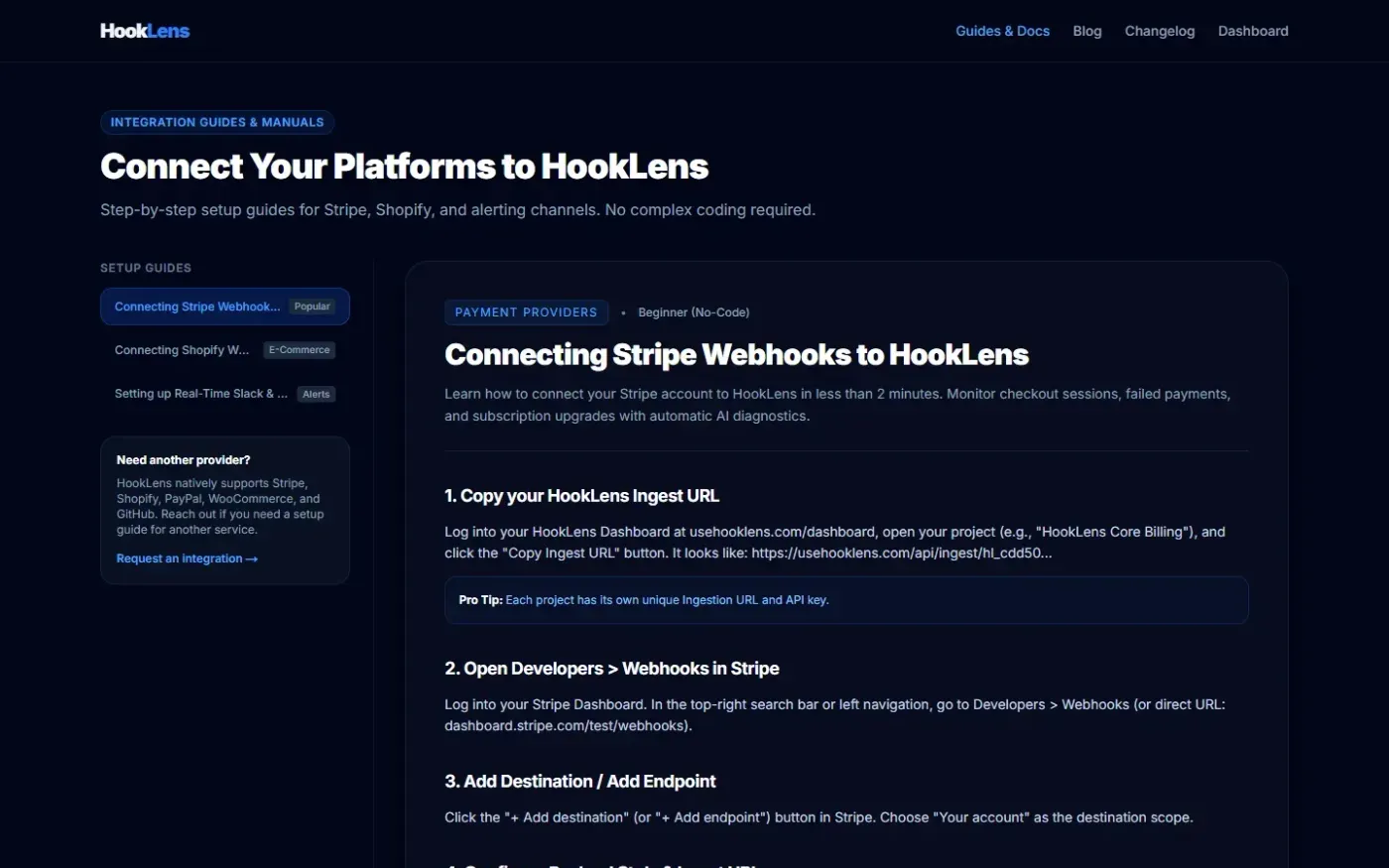 HookLens — Real-time webhook triage & AI root-cause analysis — Docs page