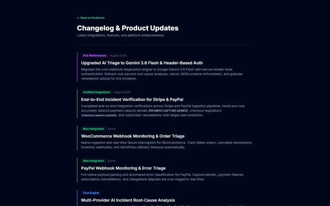 HookLens — Real-time webhook triage & AI root-cause analysis — Changelog page