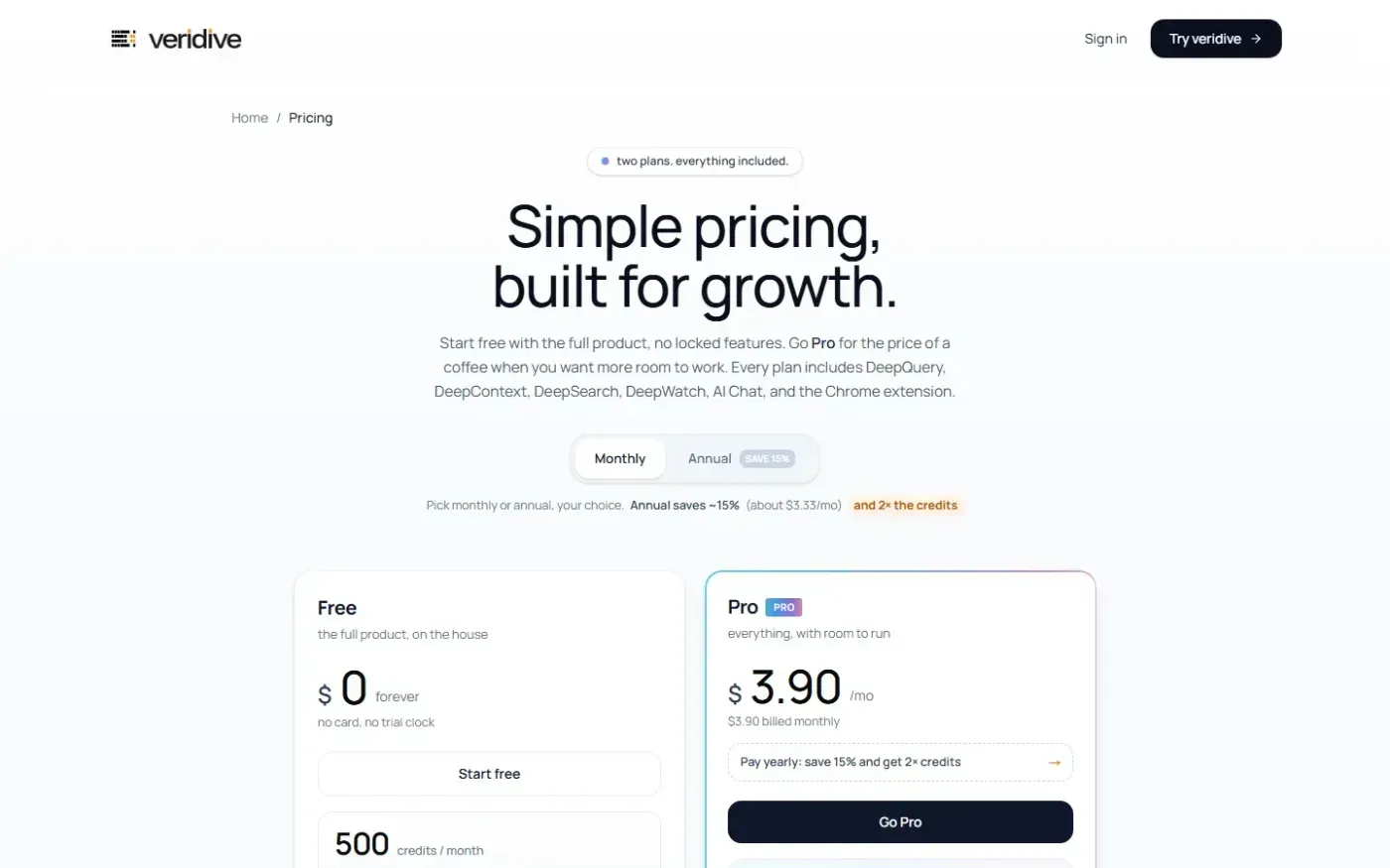 Veridive — Pricing page