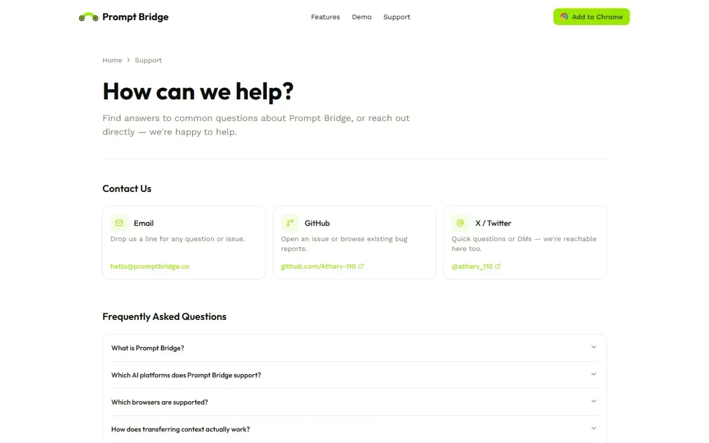 Prompt Bridge — Keep AI Context Portable — Support page