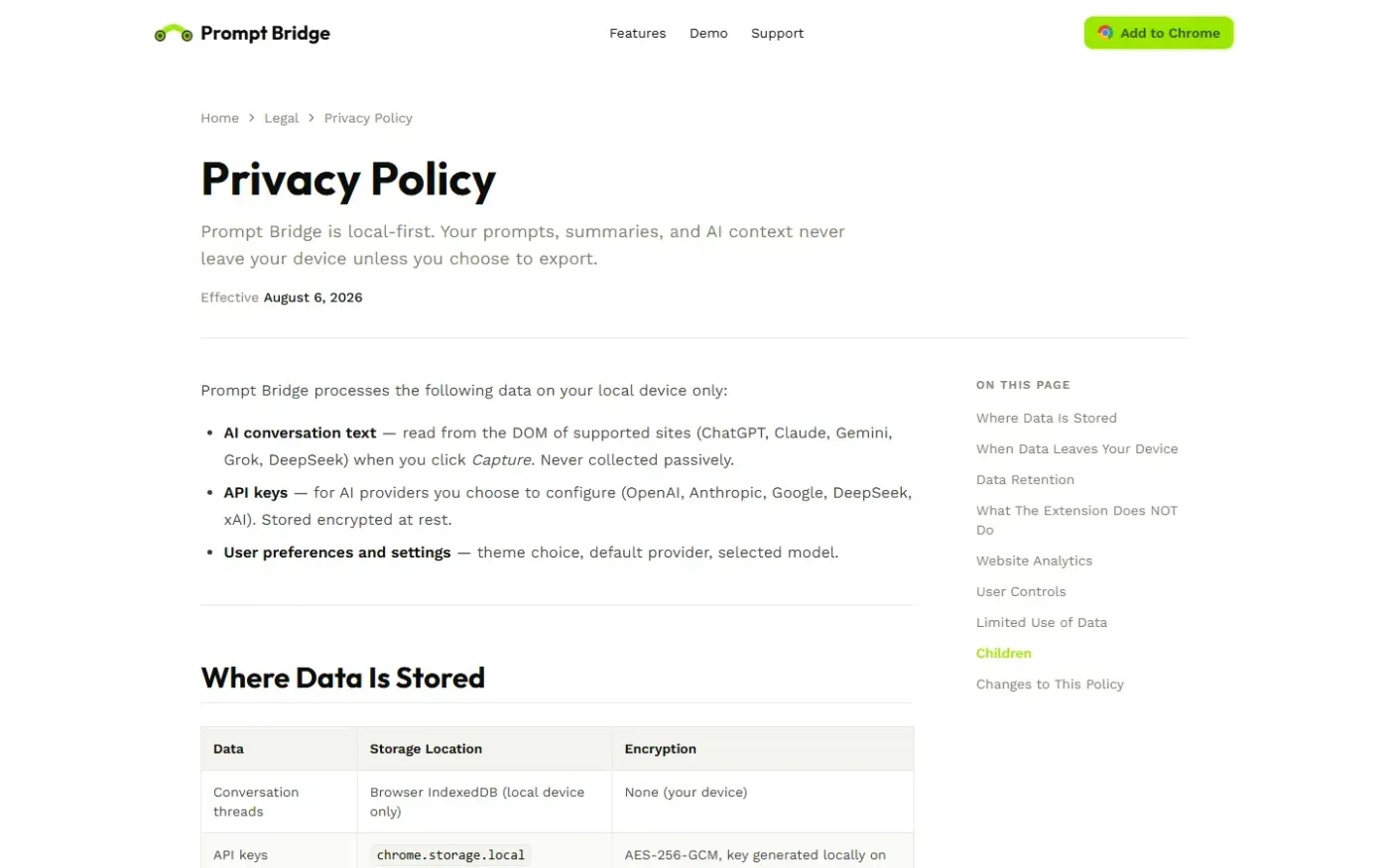 Prompt Bridge — Keep AI Context Portable — Privacy policy page