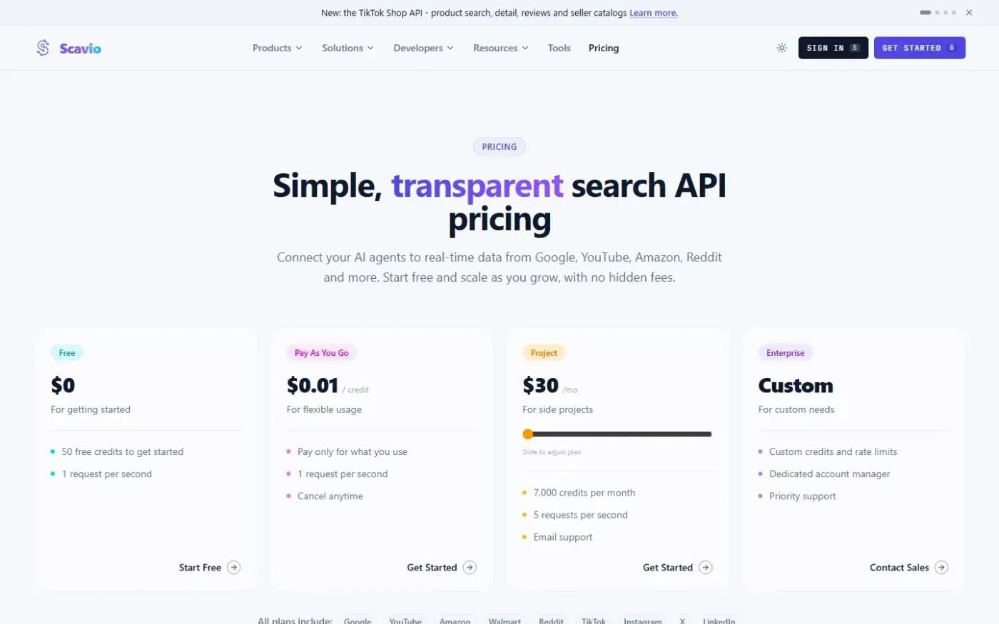 Scavio — Pricing page