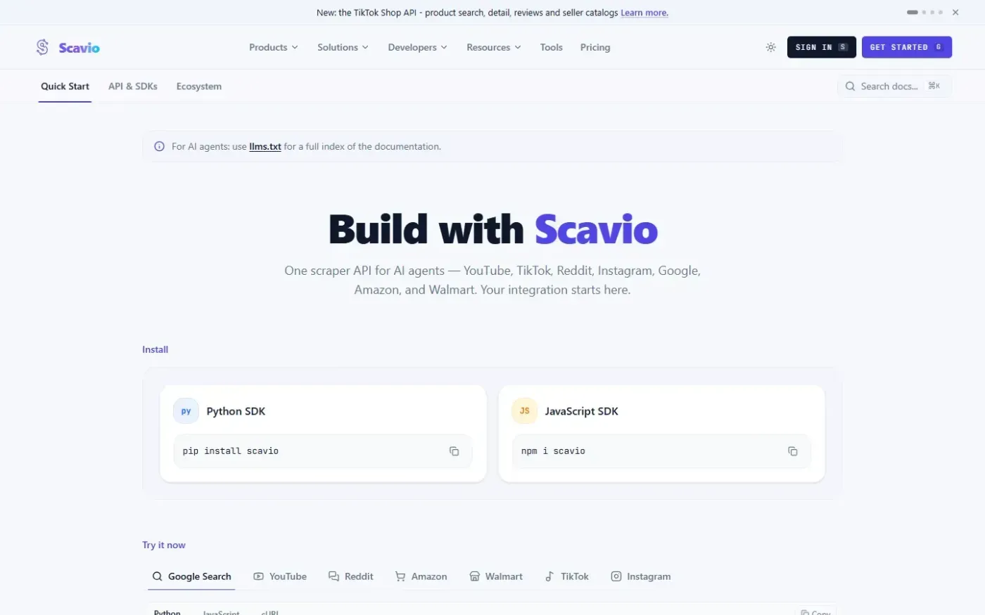 Scavio — Docs page