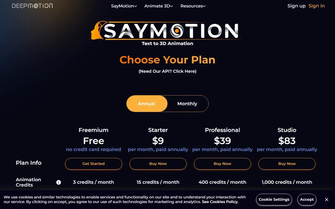 Deepmotion — Pricing saymotion page