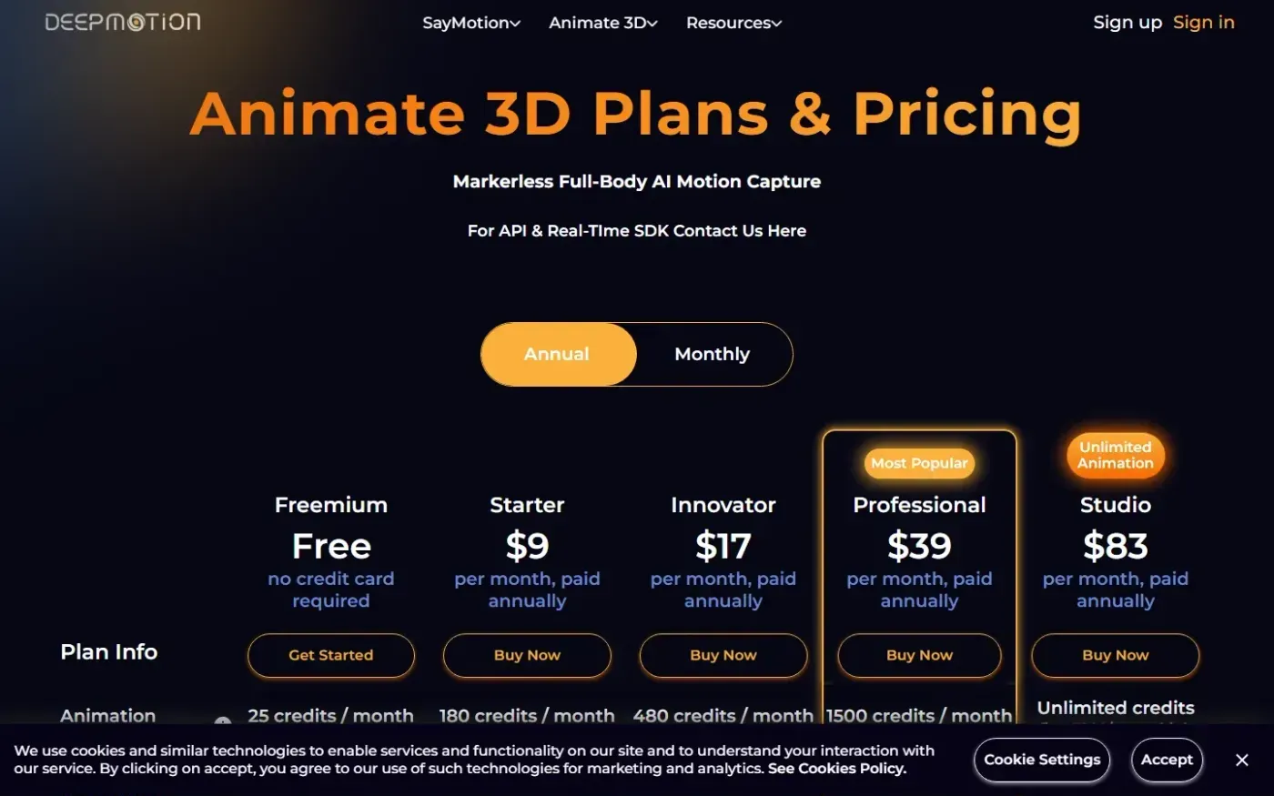 Deepmotion — Pricing animate3d page