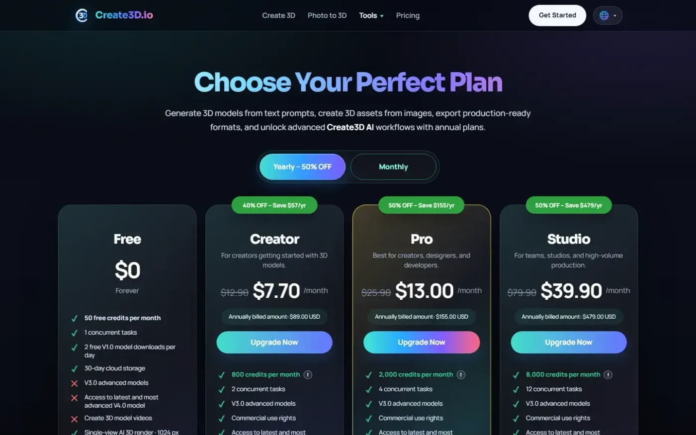Create3d — Pricing page