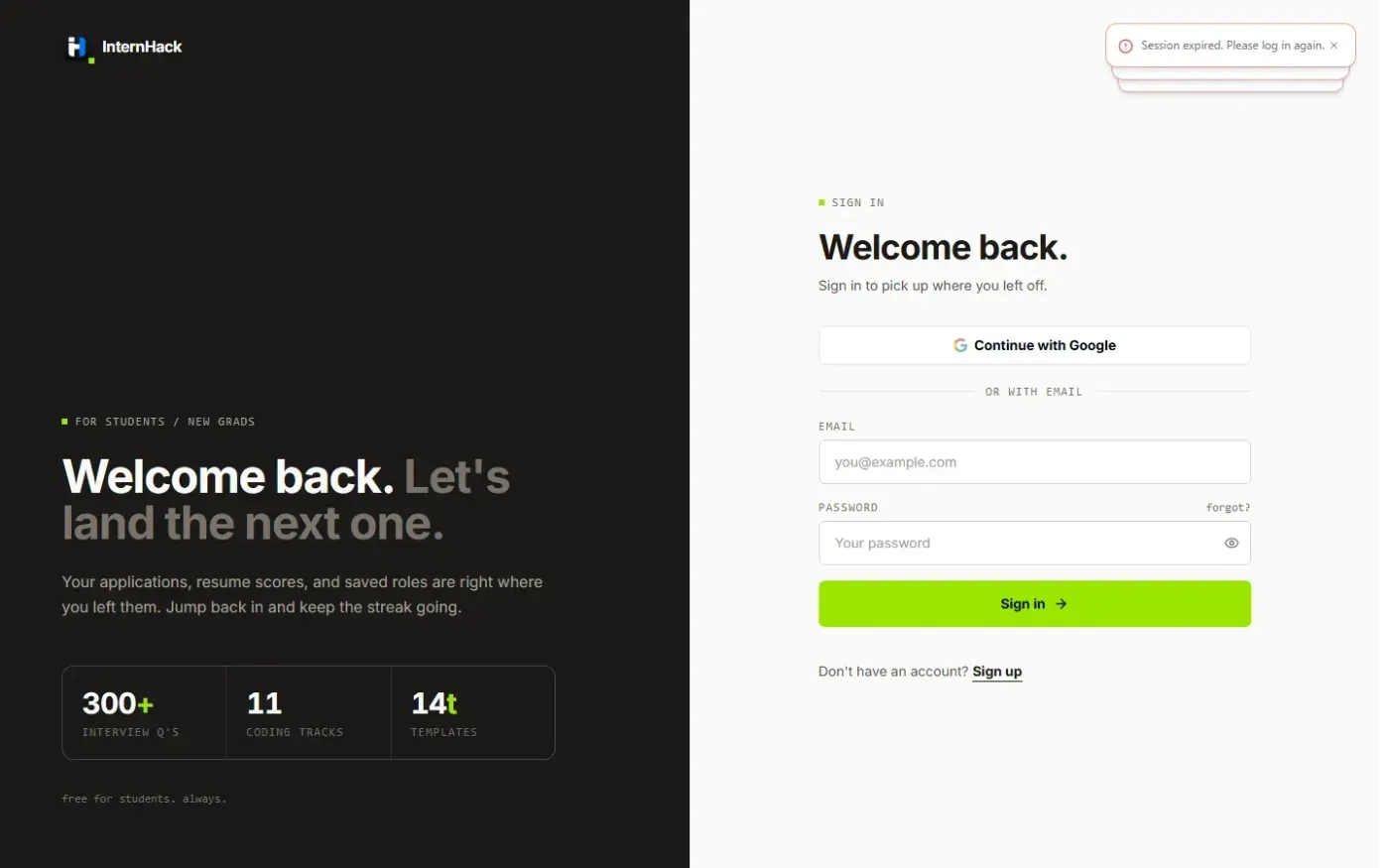 InternHack — Prepare Practice Placed — Learn page