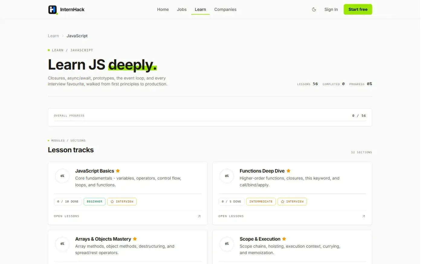 InternHack — Prepare Practice Placed — Learn page