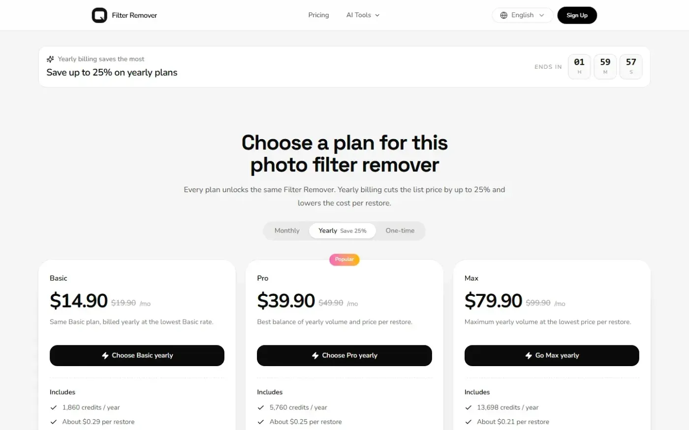 Filterremover — Pricing page